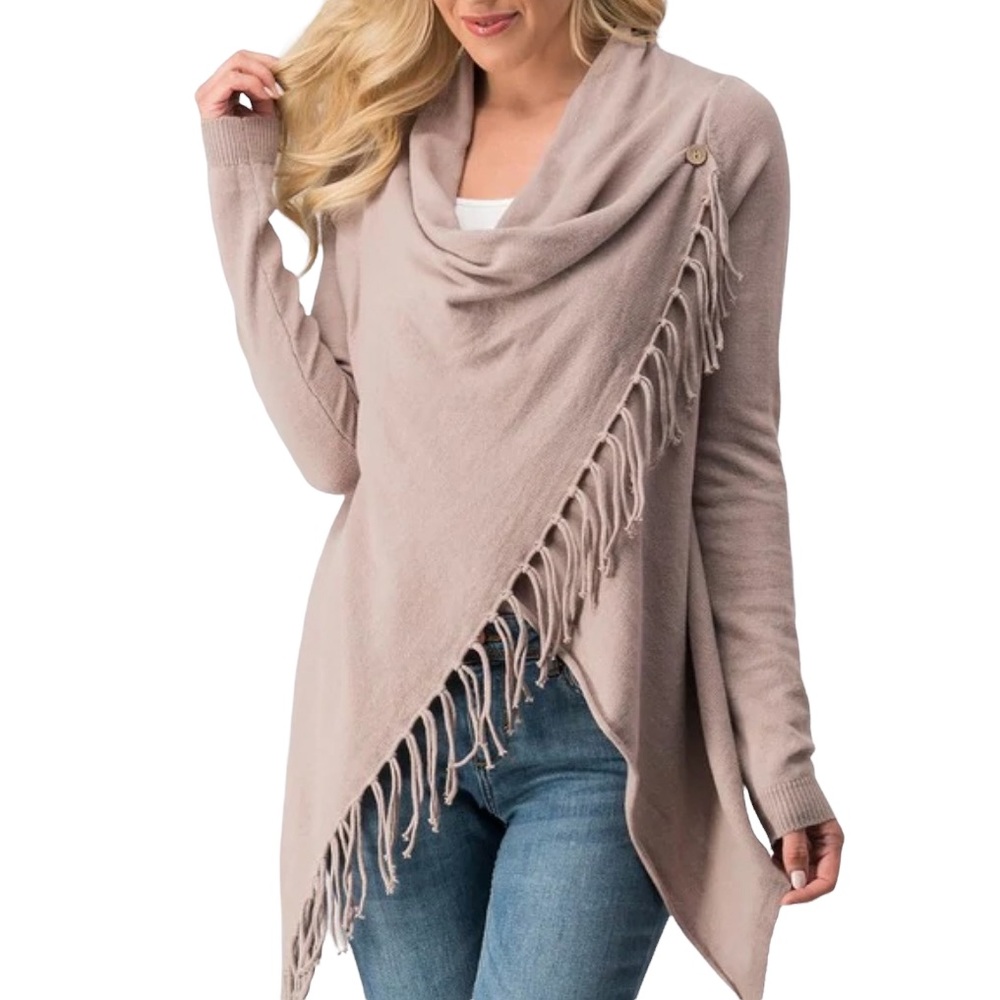 Lovestitch overlap long sleeve fringe cardigan